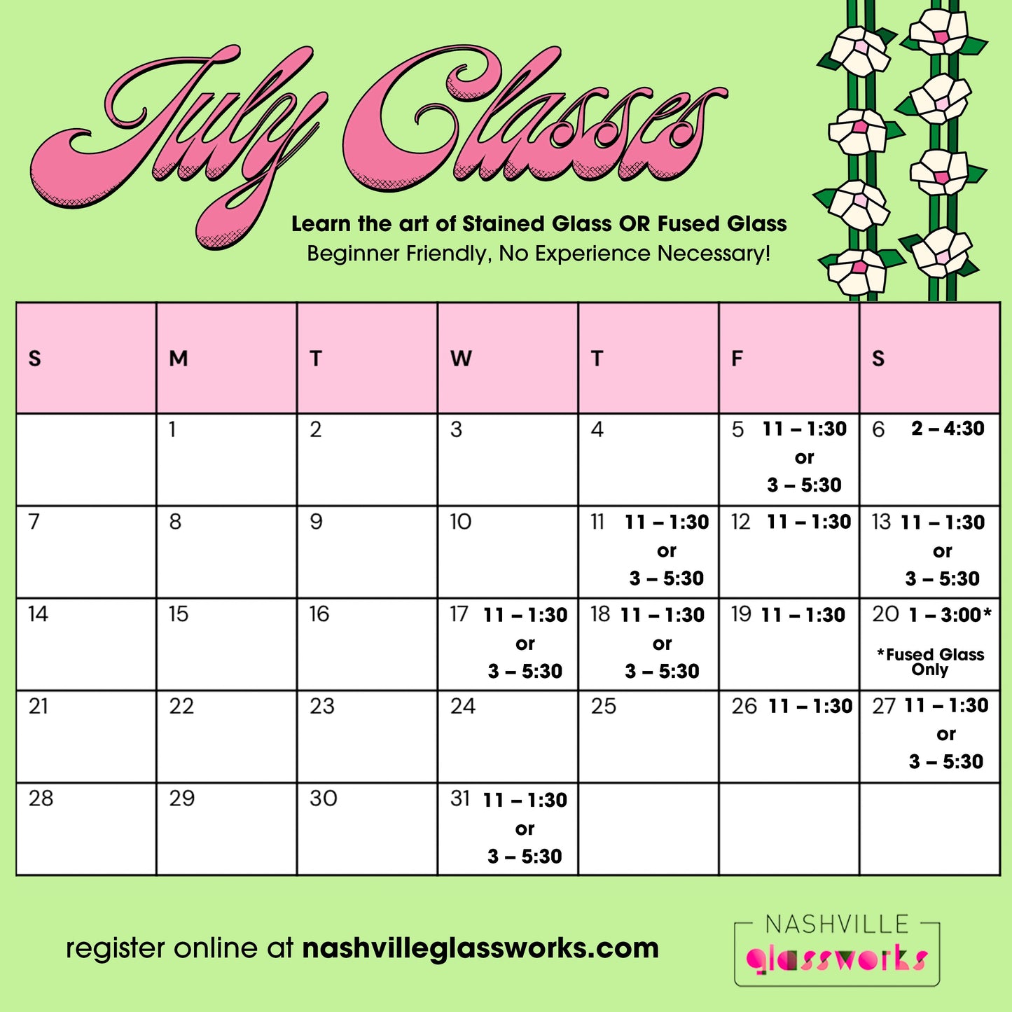 July Classes.                                         Message us to book your class!  Classes are paid the day of the class. 

Beginners Fuse Glass class $90
Beginners  Stained Glass class $90